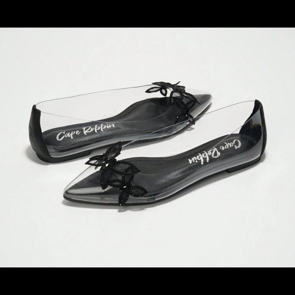 Cape Robbin Black Clear Pointed Floral Ballet Flats Feminine Fairycore 9 NEW